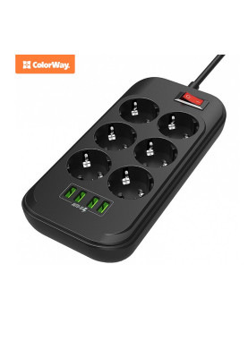 Фільтр мережевий 2 м ColorWay, Black, 6 x євророзетки, 4 x USB до 3.4 A (Super Charge), дріт з міді (до 2500 Вт), 10A, захисні шторки, 312 x 190 x 50 мм (CW-CHE64B)