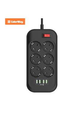 Фільтр мережевий 2 м ColorWay, Black, 6 x євророзетки, 4 x USB до 3.4 A (Super Charge), дріт з міді (до 2500 Вт), 10A, захисні шторки, 312 x 190 x 50 мм (CW-CHE64B)