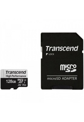 Карта пам'яті microSDXC, 128Gb, Class10 UHS-I U3 V30 A2, Transcend 330S, SD адаптер, R100/W85 MB/s (TS128GUSD330S)