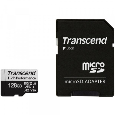 Карта пам'яті microSDXC, 128Gb, Class10 UHS-I U3 V30 A2, Transcend 330S, SD адаптер, R100/W85 MB/s (TS128GUSD330S)