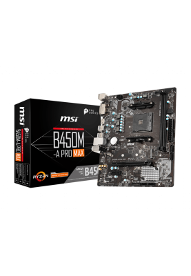 Мат.плата AM4 (B450) MSI B450M-A PRO MAX, B450, 2xDDR4, Int.Video(CPU), 4xSATA3, 1xM.2, 1xPCI-E 16x 3.0, 1xPCI-E 1x 2.0, ALC892, RTL8111H, 6xUSB3.2/6xUSB2.0, DVI-D/HDMI, mATX