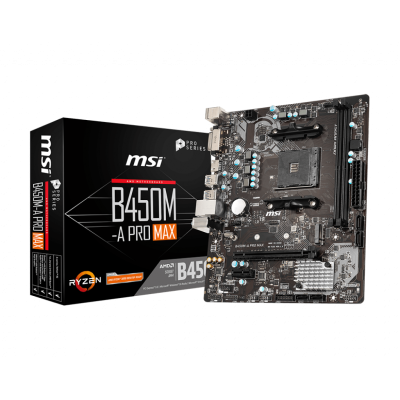 Мат.плата AM4 (B450) MSI B450M-A PRO MAX, B450, 2xDDR4, Int.Video(CPU), 4xSATA3, 1xM.2, 1xPCI-E 16x 3.0, 1xPCI-E 1x 2.0, ALC892, RTL8111H, 6xUSB3.2/6xUSB2.0, DVI-D/HDMI, mATX