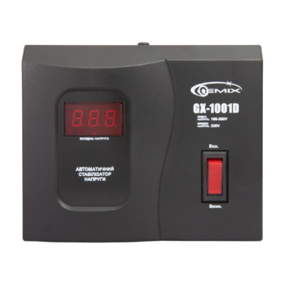 Стабілізатор Gemix GX-1001D 1000VA, 700W, входное напряжение 140-260V, вых напряжение 220В ± 6,8%, 2 розетки (Schuko), 2.5 кг, LCD дисплей