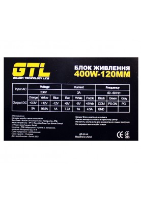 Блок живлення 400 Вт, GTL, Black, 120 мм, 2xMolex/2xSATA/1x6-pin/1x4-pin/1x20+4-pin (GTL-400-120)