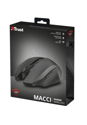 Миша бездротова Trust GXT 115 Macci, Black, оптична, 800/1200/1600/2000/2400 dpi, 6 кнопок, гніздо для зберігання мікроприймача USB, 1xAA (22417)