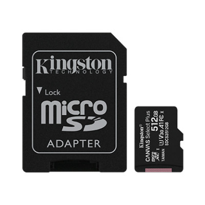 Карта пам'яті microSDXC, 512Gb, Class 10 UHS-I U3 V30 A1, Kingston Canvas Select Plus, адаптер SD, R100/W85 MB/s (SDCS2/512GB)
