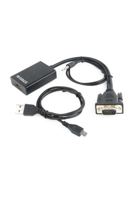 Адаптер VGA (M)-HDMI (F), Cablexpert, Black, 3.5 мм для передачі стереозвуку, USB для живлення (A-VGA-HDMI-01)
