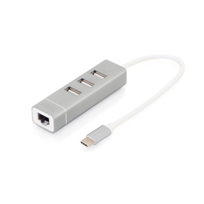 Концентратор USB 2.0 Type-C Digitus, Silver, 3 порти USB 2.0 + RJ45 Lan (DA-70253)