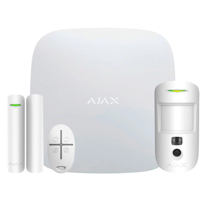 Комплект охоронної системи Ajax StarterKit Cam, White, GSM/Ethernet, централь Hub 2, бездротовий датчик руху, бездротовий датчик відкриття дверей, брелок управління