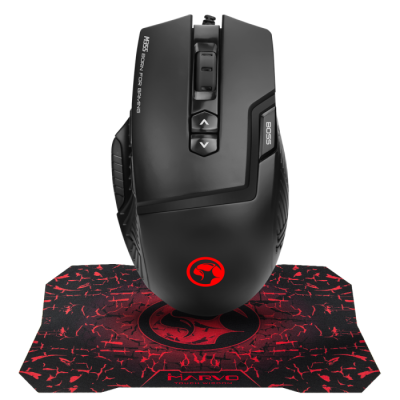 Миша Marvo M355 + ігрова поверхня G1, Black, USB, оптична, 800-7200 dpi, LED підсвічування (7 кольорів), 9 програмованих кнопок, 1.5 м, килимок 287 х 244 х 3 мм