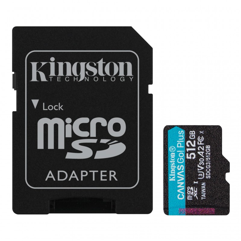 Карта пам'яті microSDXC, 512Gb, Class 10 UHS-I U3 V30 A2, Kingston Canvas Go! Plus, SD адаптер, 170/90 MB/s (SDCG3/512GB)