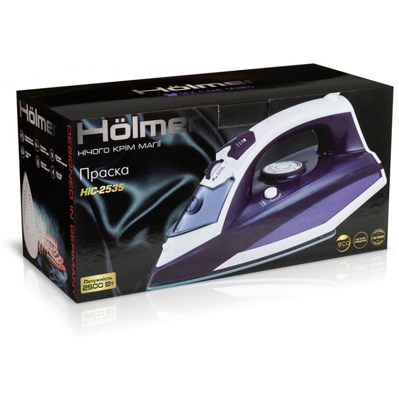 Праска Holmer HIC-2535, Violet/White, 2500W, кераміка, паровий удар 130 г/хв, постійна подача пари 30 г/хв, вертикальне відпарювання, очищення від накипу