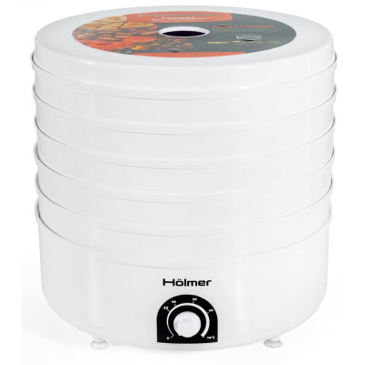 Сушарка овочів та фруктів Holmer HFD-52W White, 520W, керування механічне, 5 лотків, висота сушильного піддону 4см, діаметр 38.5см