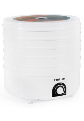 Сушарка овочів та фруктів Holmer HFD-52W White, 520W, керування механічне, 5 лотків, висота сушильного піддону 4см, діаметр 38.5см