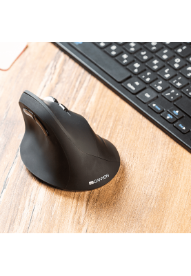 Миша бездротова Canyon CNS-CMSW16B, Black, USB, оптична (датчик Pixart 3212), вертикальна, 800-1600 dpi, 6 кнопок, гумове покриття, 1xAA