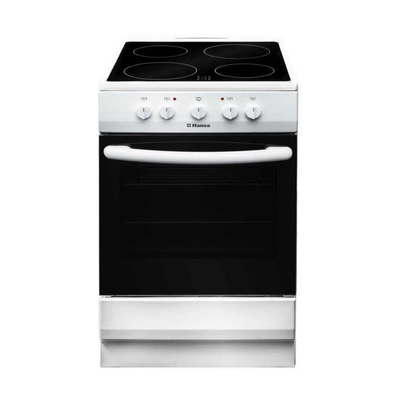 Плита електрична Hansa FCCW53042, White, варильна поверхня з духовкою, поворотні перемикачі, склокерамічна, 4 електричні конфорки, об'єм духовки 67 л, верхній нагрів, нижній нагрів, освітлення, 85x50x60 см