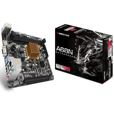 Мат.плата з процесором Biostar A68N-2100K, AMD E1-6010 (2x1.35 GHz), 2xDDR3, Radeon R2, 2xSATA3, 1xPCI-E 16x 2.0, ALC887, RTL8111H, 2xUSB3.2/6xUSB2.0, VGA/HDMI, Mini-ITX