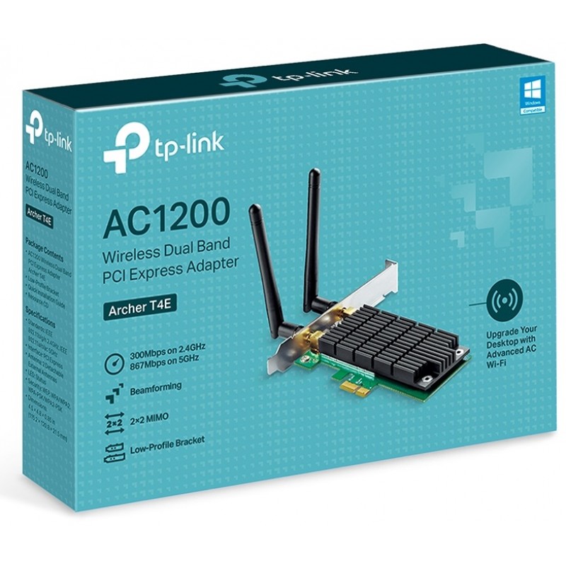 Мережева карта PCI-E TP-LINK Archer T4E, 2.4GHz / 5GHz, AC1200 (до 867 / 300 Мбіт/с), PCI-E 1x, 2 знімні дводіапазонні антени, підтримка Beamforming, низькопрофільна / високопрофільна планка