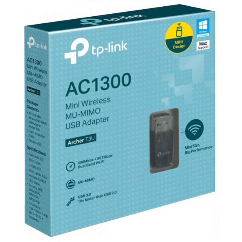 Мережевий адаптер USB TP-LINK Archer T3U, Black, 5GHz/2.4GHz, AC1300 (867/400 Мбіт/с), USB 3.0, мініатюрний розмір, MU-MIMO
