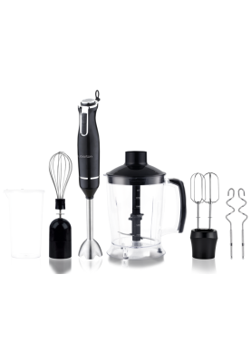 Блендер Liberton LHB-0801 Black, 800W, занурювальний, 2 швидкості, мірна склянка 600мл, подрібнювач 1250мл, насадка-міксер з двома вінчиками, гачок для замішування тіста, вінчик