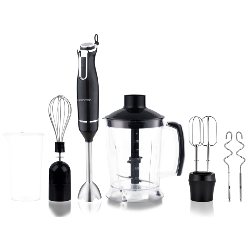 Блендер Liberton LHB-0801 Black, 800W, занурювальний, 2 швидкості, мірна склянка 600мл, подрібнювач 1250мл, насадка-міксер з двома вінчиками, гачок для замішування тіста, вінчик