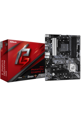 Мат.плата AM4 (B550) ASRock B550 Phantom Gaming 4, B550, 4xDDR4, CrossFireX, Int.Video(CPU), 6xSATA3, 2xM.2, 1xPCI-E 16x 4.0, 1xPCI-E 16x 3.0, 2xPCI-E 1x 3.0, 1xM.2 (Key E), ALC1200, RTL8111H, 8xUSB3.2/4xUSB2.0, HDMI, ATX
