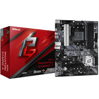 Мат.плата AM4 (B550) ASRock B550 Phantom Gaming 4, B550, 4xDDR4, CrossFireX, Int.Video(CPU), 6xSATA3, 2xM.2, 1xPCI-E 16x 4.0, 1xPCI-E 16x 3.0, 2xPCI-E 1x 3.0, 1xM.2 (Key E), ALC1200, RTL8111H, 8xUSB3.2/4xUSB2.0, HDMI, ATX