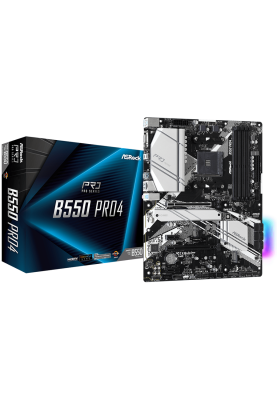 Мат.плата AM4 (B550) ASRock B550 Pro4, B550, 4xDDR4, CrossFireX, Int.Video(CPU), 6xSATA3, 2xM.2, 1xPCI-E 16x 4.0, 1xPCI-E 16x 3.0, 2xPCI-E 1x 3.0, 1xM.2 (Key E), ALC1200, RTL8111H, 8xUSB3.2/4xUSB2.0, VGA/HDMI, ATX