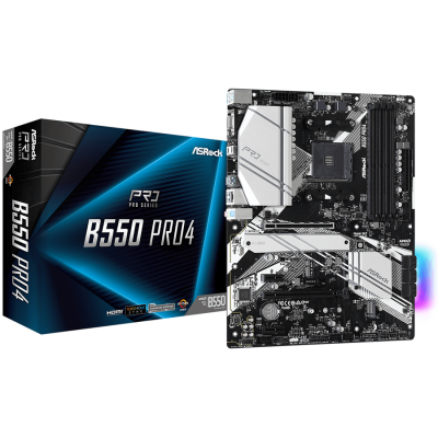 Мат.плата AM4 (B550) ASRock B550 Pro4, B550, 4xDDR4, CrossFireX, Int.Video(CPU), 6xSATA3, 2xM.2, 1xPCI-E 16x 4.0, 1xPCI-E 16x 3.0, 2xPCI-E 1x 3.0, 1xM.2 (Key E), ALC1200, RTL8111H, 8xUSB3.2/4xUSB2.0, VGA/HDMI, ATX