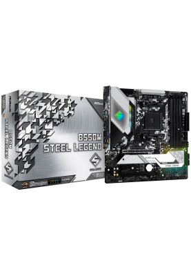 Мат.плата AM4 (B550) ASRock B550M Steel Legend, B550, 4xDDR4, CrossFireX, Int.Video(CPU), 6xSATA3, 2xM.2, 1xPCI-E 16x 4.0, 1xPCI-E 16x 3.0, 1xPCI-E 1x 3.0, 1xM.2 (Key E), ALC1200, RTL8125BG, 8xUSB3.2/4xUSB2.0, HDMI/DP, MicroATX