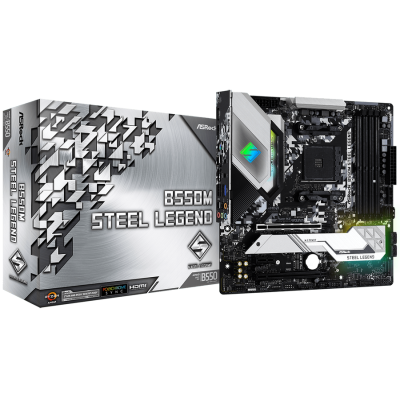 Мат.плата AM4 (B550) ASRock B550M Steel Legend, B550, 4xDDR4, CrossFireX, Int.Video(CPU), 6xSATA3, 2xM.2, 1xPCI-E 16x 4.0, 1xPCI-E 16x 3.0, 1xPCI-E 1x 3.0, 1xM.2 (Key E), ALC1200, RTL8125BG, 8xUSB3.2/4xUSB2.0, HDMI/DP, MicroATX