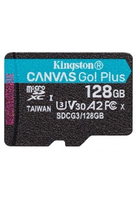 Карта пам'яті microSDXC, 128Gb, Class 10 UHS-I U3 V30 A2, Kingston Canvas Go! Plus, без SD адаптера, 170 / 90 MB/s (SDCG3/128GBSP)