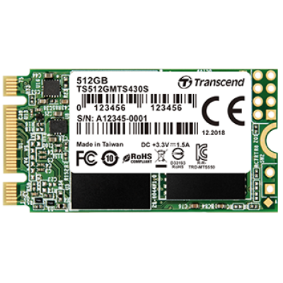 Твердотільний накопичувач M.2 512Gb, Transcend 430S, SATA3, 3D TLC, 560/500 MB/s, формат 2242 (42 мм) (TS512GMTS430S)
