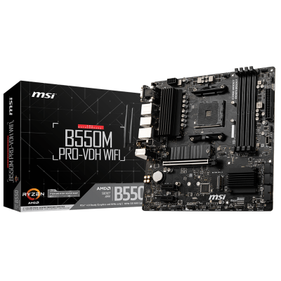 Мат.плата AM4 (B550) MSI B550M PRO-VDH WIFI, B550, 4xDDR4, Int.Video(CPU), 4xSATA3, 2xM.2, 1xPCI-E 16x 4.0, 2xPCI-E 1x 3.0, ALC892, RTL8111HN, WiFi ac, Bluetooth, 7xUSB3.2/6xUSB2.0, VGA/HDMI/DP, MicroATX