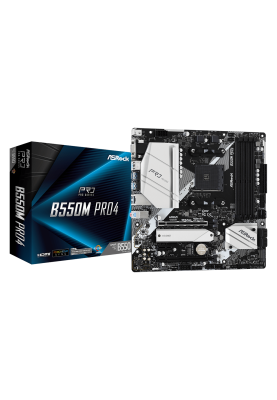 Мат.плата AM4 (B550) ASRock B550M Pro4, B550, 4xDDR4, CrossFire, Int.Video(CPU), 6xSATA3, 2xM.2, 1xPCI-E 16x 4.0, 1xPCI-E 16x 3.0, 1xPCI-E 1x 3.0, 1xM.2 (Key E), ALC1200, RTL8111H, 7xUSB3.2/6xUSB2.0, VGA/HDMI/DP, MicroATX