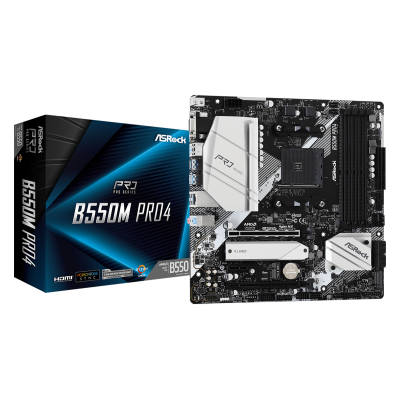 Мат.плата AM4 (B550) ASRock B550M Pro4, B550, 4xDDR4, CrossFire, Int.Video(CPU), 6xSATA3, 2xM.2, 1xPCI-E 16x 4.0, 1xPCI-E 16x 3.0, 1xPCI-E 1x 3.0, 1xM.2 (Key E), ALC1200, RTL8111H, 7xUSB3.2/6xUSB2.0, VGA/HDMI/DP, MicroATX