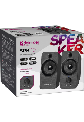 Колонки 2.0 Defender SPK-190, Black, 8 Вт, 3.5 мм, живлення від USB, регулятор гучності, роз'єм для навушників та мікрофона (65190)