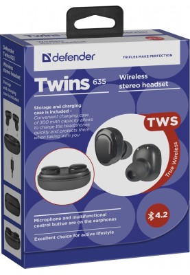 Навушники Defender Twins 635, Black, Bluetooth, кейс для зберігання і зарядки у комплекті (63635)