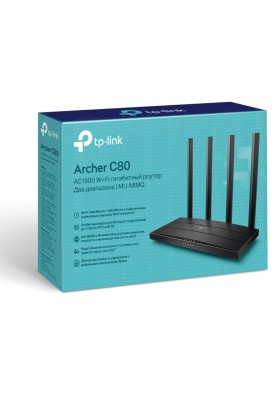 Роутер TP-LINK Archer C80 Black, Wi-Fi 802.11a/b/g/n/ac, до 1900 Mb/s, 2.4/5GHz, 4x100/1000 Mb/s, RJ45 100/1000Mb/s (Gb), 4 зовнішні знімні антени