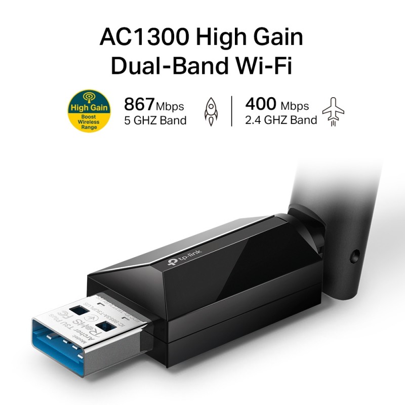 Мережевий адаптер USB TP-Link Archer T3U Plus, Black, 5GHz/2.4GHz, AC1300 (867/400 Мбит/с), USB 3.0, мініатюрний розмір, MU-MIMO