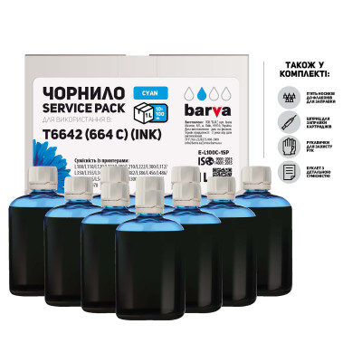 Чорнило Barva Epson L100, L110, L120, L132, L200, L210, L222, L300, L312, L350, L355, L362, L364, L366, L382, L386, L456, L486, L550, L555, L566, L1300, L3050, L3060, L3070, Cyan, 1 л (10 x 100 мл) (E-L100C-1SP)