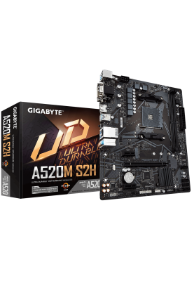 Мат.плата AM4 (A520) Gigabyte A520M S2H, A520, 2xDDR4, Int.Video(CPU), 4xSATA3, 1xM.2, 1xPCI-E 16x 3.0, 2xPCI-E 1x 3.0, ALC887, RTL8111H, 6xUSB3.2/6xUSB2.0, VGA/DVI-D/HDMI, MicroATX