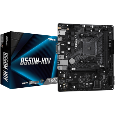 Мат.плата AM4 (B550) ASRock B550M-HDV, B550, 2xDDR4, Int.Video(CPU), 4xSATA3, 1xM.2, 1xPCI-E 16x 4.0, 1xPCI-E 1x 3.0, 8x, 1xM. RTL8111H, 6xUSB3.2/6xUSB2.0, VGA/DVI-D/HDMI, MicroATX