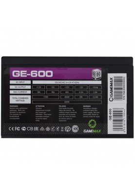 Блок живлення 600 Вт, GameMax GE-600, Black, 80+ Basic, Active PFC, 12 см, 3xMolex / 5xSATA / 2x6+2-pin / 1x4+4-pin / 1x20+4-pin, захист OVP / UVP / SIP / OCP / OLP / OPP / SCP