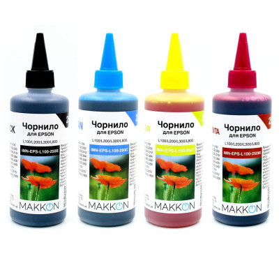 Комплект чорнил Epson, Black/Cyan/Magenta/Yellow, для моделей L1xx, L2xx, L3xx, L4xx, L5xx, L8xx, L30xx, L1300/L1800, 4x250 мл, Makkon (KIT-EPS-L100-250)