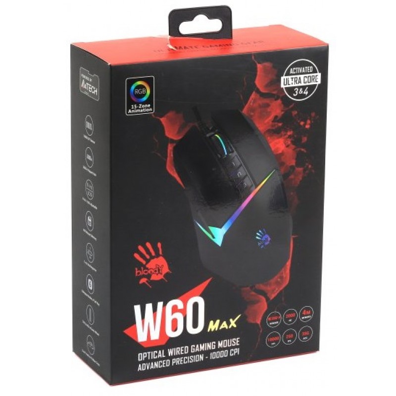 Миша A4Tech W60 Max Bloody, Stone Black, USB, оптична (сенсор MAX BC3332-A), 100-10000 dpi, RGB підсвічування (5 профілів), 10 кнопок, ніжки X'Glide, 1.8 м