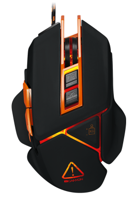 Миша Canyon GM-6 "Hazard", Black, USB, оптична, 800 - 6400 dpi, LED-підсвічування, 9 програмованих кнопок, вбудований модуль пам'яті, 4 знімних додаткових вантажу по 5 г, покриття “Twin Surface”, 1.7 м (CND-SGM6N)