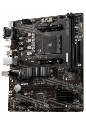 Мат.плата AM4 (A520) MSI A520M PRO, A520, 2xDDR4, Int.Video(CPU), 4xSATA3, 1xM.2, 1xPCI-E 16x 3.0, 2xPCI-E 1x 3.0, ALC892, RTL8111H, 6xUSB3.2/6xUSB2.0, VGA/HDMI/DP, MicroATX