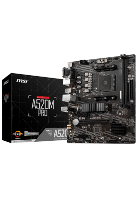Мат.плата AM4 (A520) MSI A520M PRO, A520, 2xDDR4, Int.Video(CPU), 4xSATA3, 1xM.2, 1xPCI-E 16x 3.0, 2xPCI-E 1x 3.0, ALC892, RTL8111H, 6xUSB3.2/6xUSB2.0, VGA/HDMI/DP, MicroATX