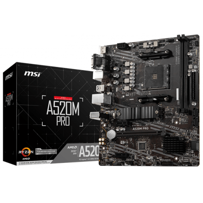 Мат.плата AM4 (A520) MSI A520M PRO, A520, 2xDDR4, Int.Video(CPU), 4xSATA3, 1xM.2, 1xPCI-E 16x 3.0, 2xPCI-E 1x 3.0, ALC892, RTL8111H, 6xUSB3.2/6xUSB2.0, VGA/HDMI/DP, MicroATX